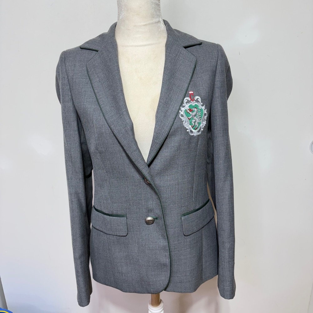La Camisa Grey Wool Blend Trachten Blazer Green Trim Crested Jacket Womens 38